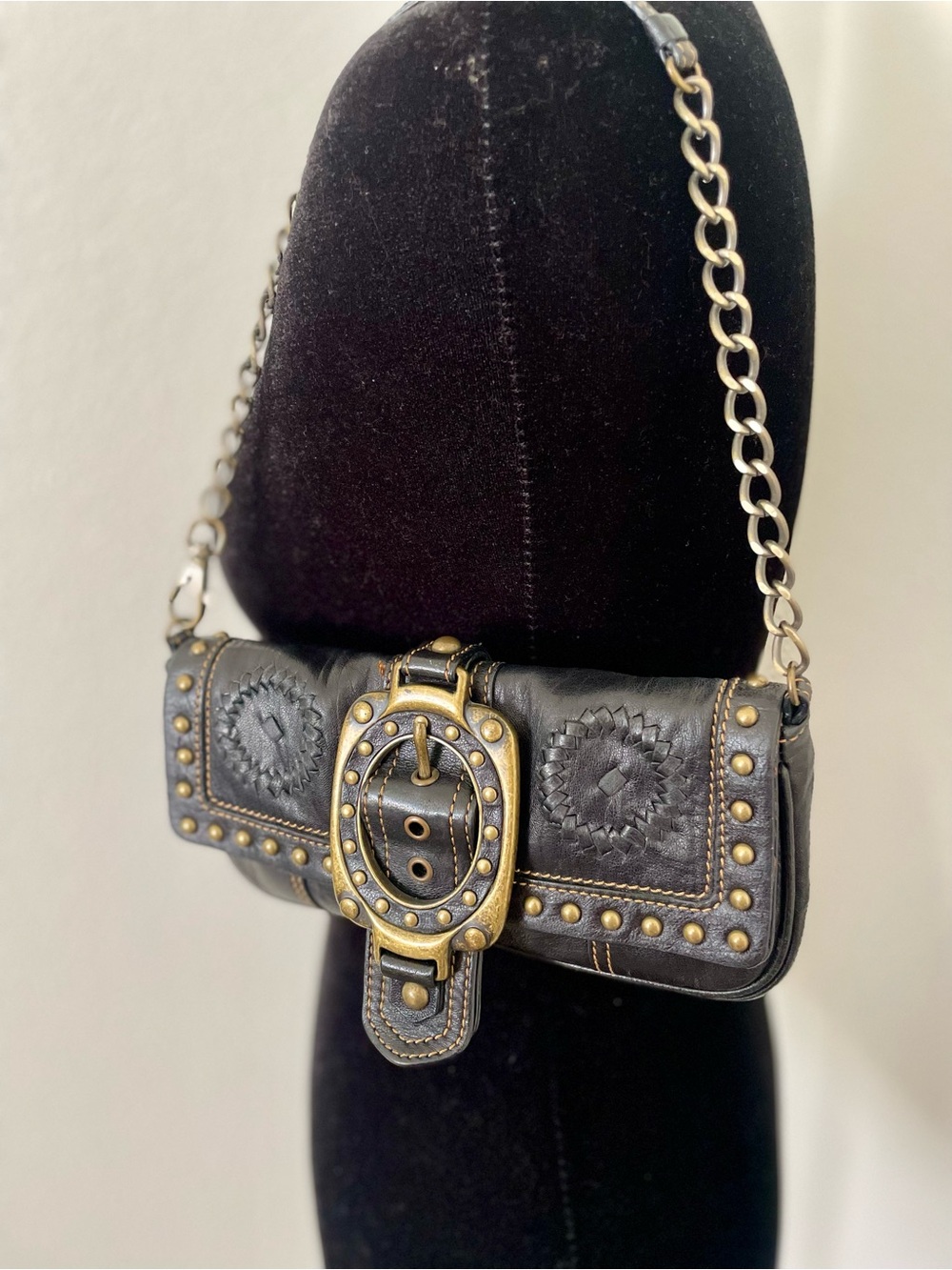 Vintage Betsey Johnson Black Leather Studded Shoulder Bag